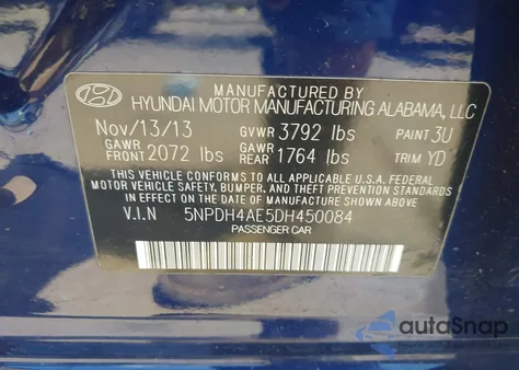 2013 Hyundai Elantra Gls из США, поврежденный, VIN 5NPDH4AE5DH450084